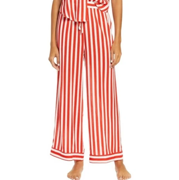 Free People Shiny Nights Pajama Set Wide Legs Red White Pinstripes Siz Small NWT - Picture 14 of 16